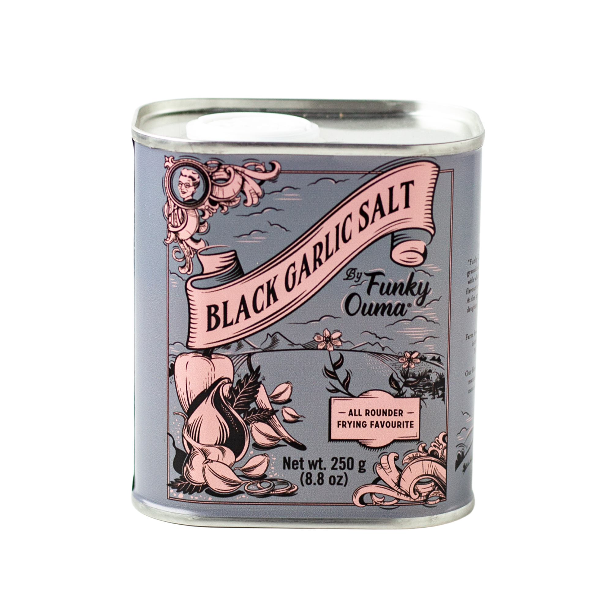 BLACK GARLIC SALT TIN1 Funky Ouma Black Garlic Salt 250g tin