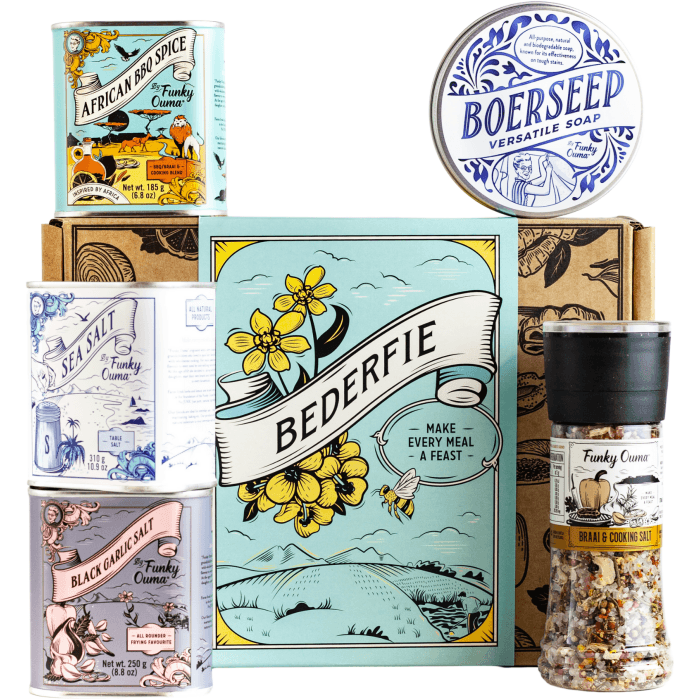 - Funky Ouma Bederfie Sleeve Gift Box - Premium salt and Boerseep gift set - Funky Ouma seasoning gift sleeve - South African gourmet gift box If you'd like, I can also prepare cross‑sell suggestions, category slugs, or WooCommerce CSV‑ready fields for your catalogue.