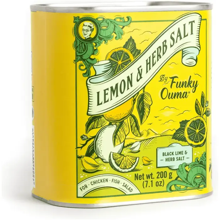 Funky Ouma Lemon and Herb Salt Tin front view