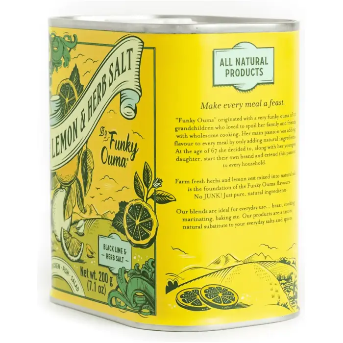 Funky Ouma Lemon and Herb Salt blend in tin