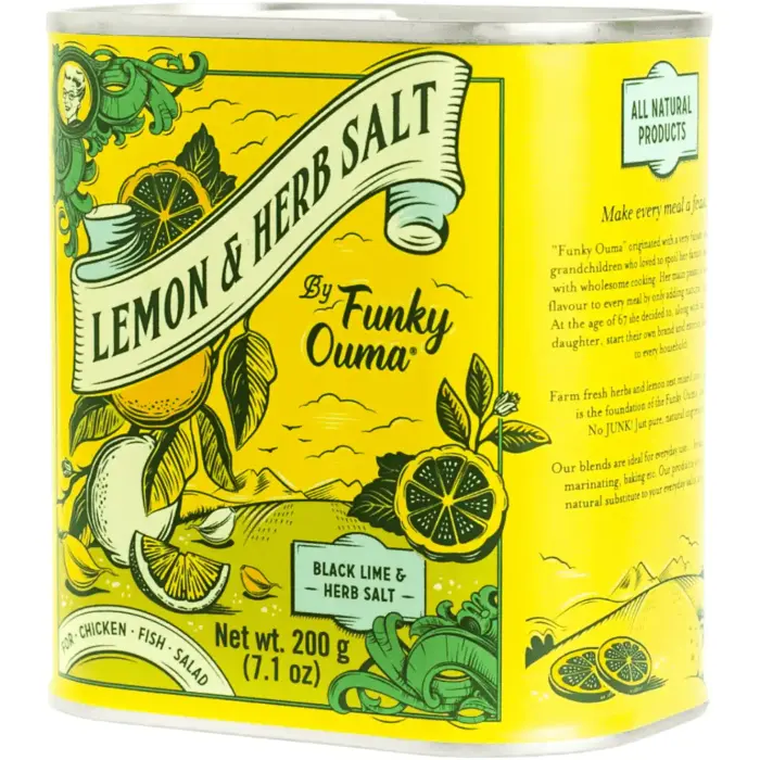 Funky Ouma Lemon and Herb Salt blend in tin