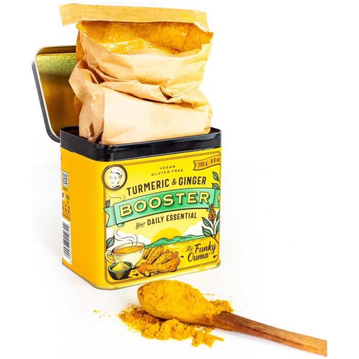 Funky Ouma Turmeric and Ginger Booster spice blend packaging