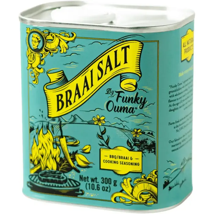 Funky Ouma Braai and Cooking Salt Tin packaging