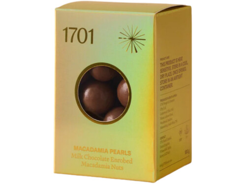 1701 Milk Chocolate Enrobed Macadamia Pearls packaging front view 100g