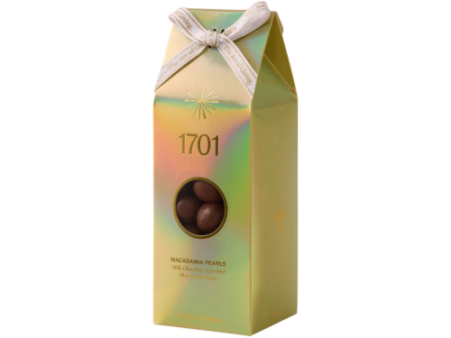 1701 Milk Chocolate Enrobed Macadamia Pearls packaging front view 200g