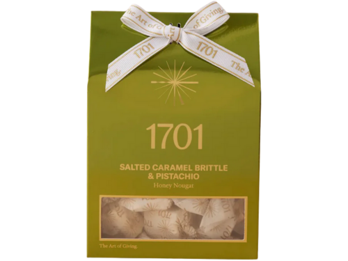 1701 Salted Caramel Brittle & Pistachio Honey Nougat Box 160g front view