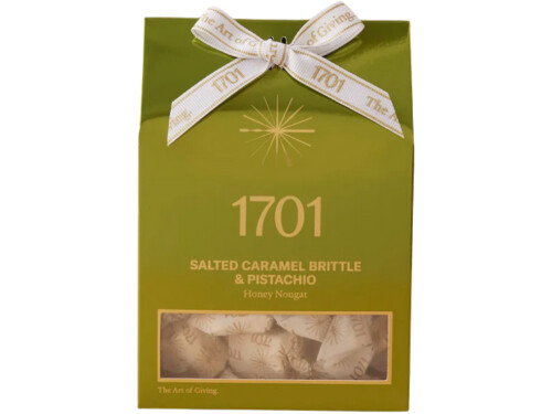 1701 Salted Caramel Brittle & Pistachio Honey Nougat Box 160g front view