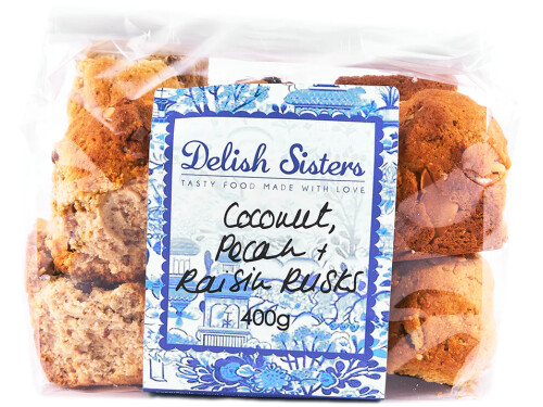 Delish Sisters Coconut, Pecan & Raisin Rusks 400g in packaging