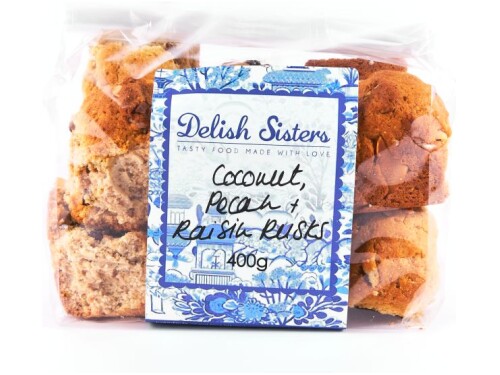 Delish Sisters Coconut, Pecan & Raisin Rusks 400g in packaging