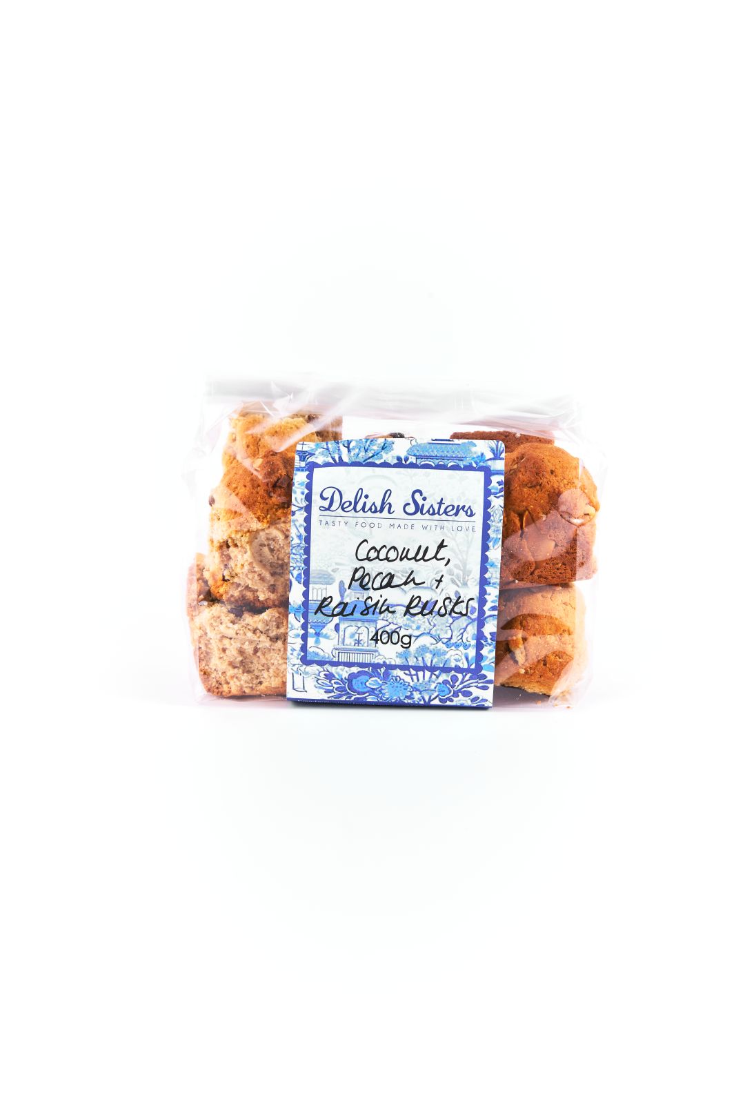 Delish Sisters Coconut, Pecan & Raisin Rusks 400g in packaging