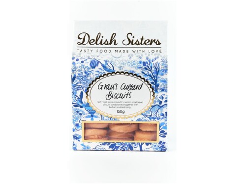 Delish Sisters Gran’s Custard Biscuits sandwiched with custard icing