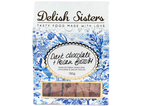 - Delish Sisters Dark Chocolate & Pecan Biscotti hand‑sliced fingers - Twice‑baked biscotti with dark chocolate and pecans - Close‑up of crisp chocolate and pecan biscotti - Italian‑style biscotti arranged for serving If you’d like, I can continue with the next Delish Sisters product or prepare a batch‑ready CSV version for your catalogue.