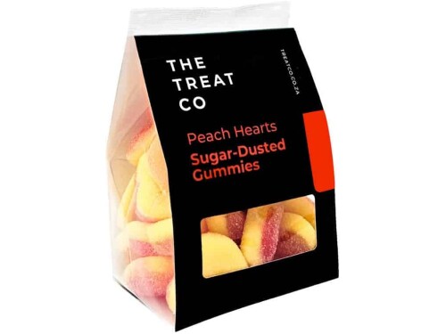 The Treat Co. Peach Hearts in packaging – fruity sugar‑dusted peach‑flavoured gummies