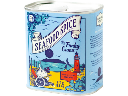 Funky Ouma Seafood Spice 175g tin packaging