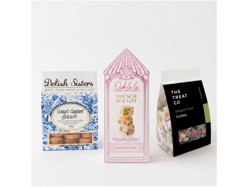 Artisanal birthday gift set with biscuits, nougat, and fruit cubes