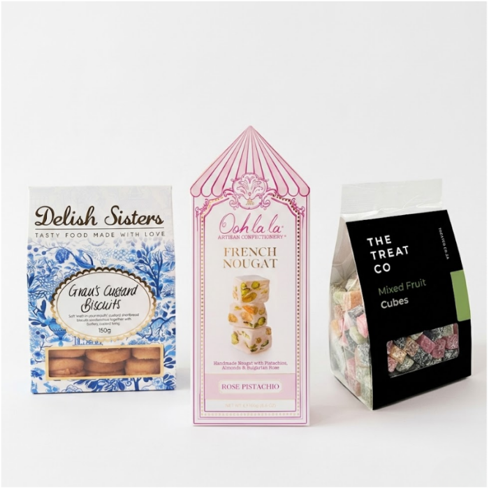 Artisanal birthday gift set with biscuits, nougat, and fruit cubes