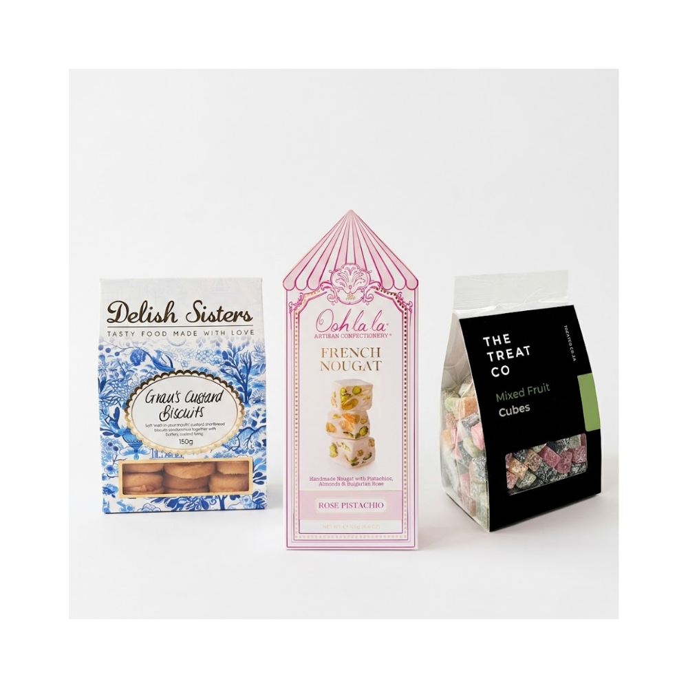 Birthday Surprise Box Artisanal birthday gift set with biscuits, nougat, and fruit cubes