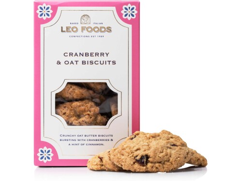 Leo Foods Cranberry & Oat Biscuits 160g front packaging
