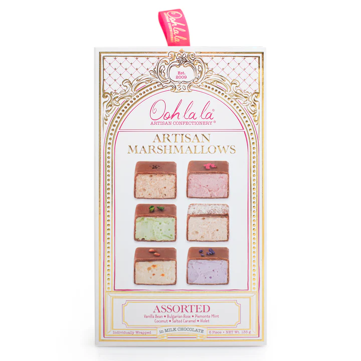 - Ooh la la Artisan Marshmallows in Milk Chocolate 6pc – mixed flavour selection - Hand‑dipped Belgian milk chocolate marshmallows by Ooh la la Artisan Confectionery - Artisan marshmallows with natural flavour infusions in assorted flavours - Gourmet chocolate‑coated marshmallows 6‑piece selection If you'd like, I can also prepare variations, bundle descriptions, or category‑level SEO copy to match this product’s tone and structure.