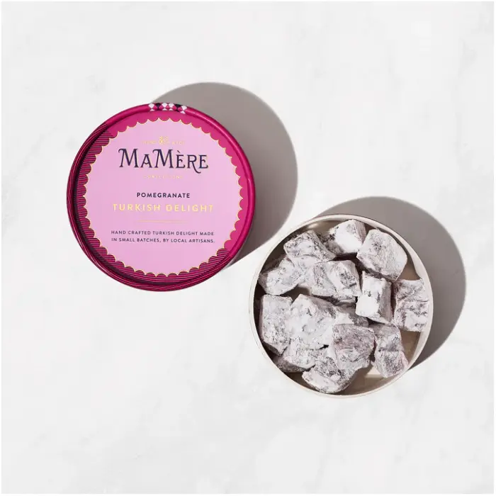 Close‑up of soft pomegranate Turkish delight pieces