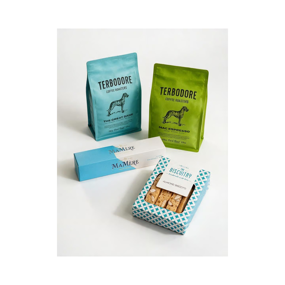 “Mellow & Peachy premium coffeehouse gift set with Terbodore coffee, Ma Mère Confections nougat, and The Biscuitry biscotti”