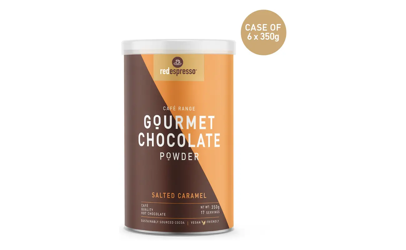 Redespresso Salted Caramel Gourmet Chocolate Powder Tin 350g front view-6-pack