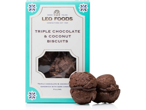 Leo Foods Triple Chocolate & Coconut Biscuits 180g front packaging