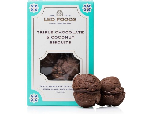 Leo Foods Triple Chocolate & Coconut Biscuits 180g front packaging