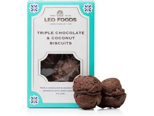 Leo Foods Triple Chocolate & Coconut Biscuits 180g front packaging