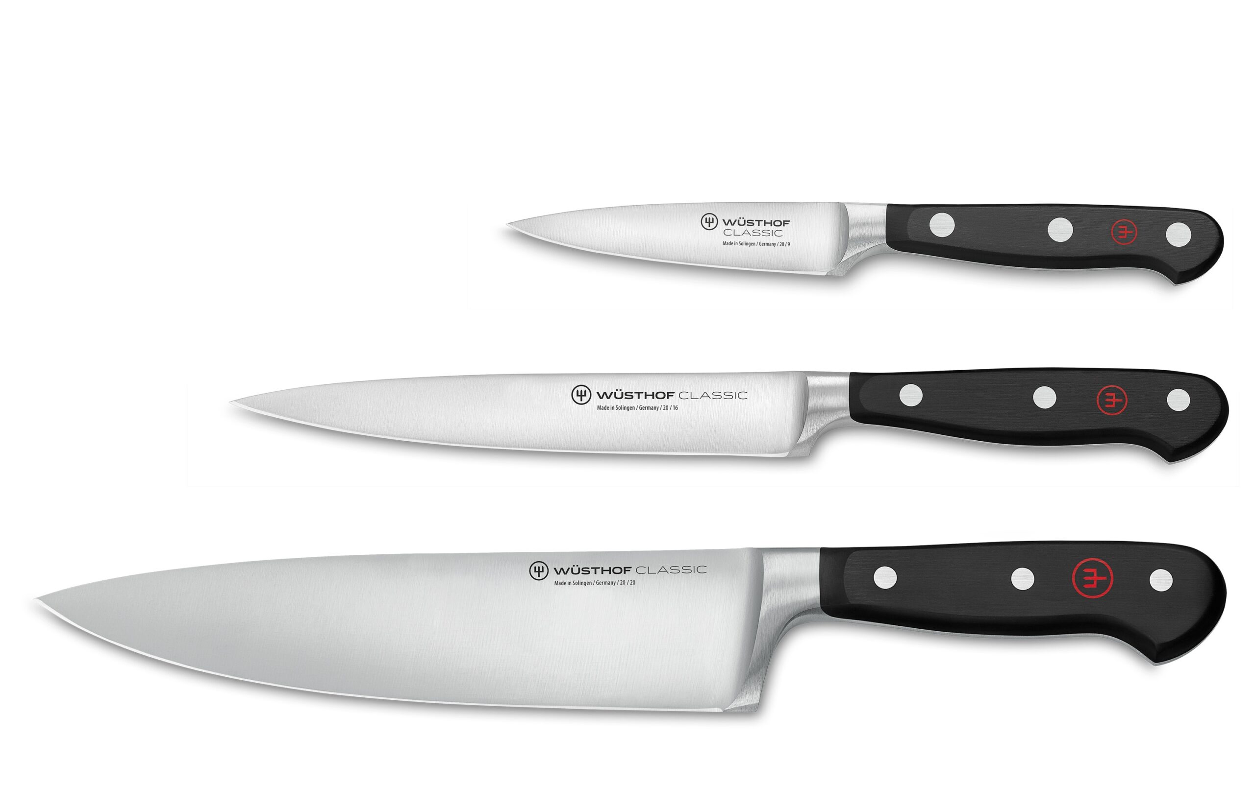 Wüsthof 3 pc Knife Set – 20cm Chef's Knife 15cm Utility Knife 8cm Paring Knife Wüsthof 3 pc. Knife Set with Chef’s, Utility, and Paring knives