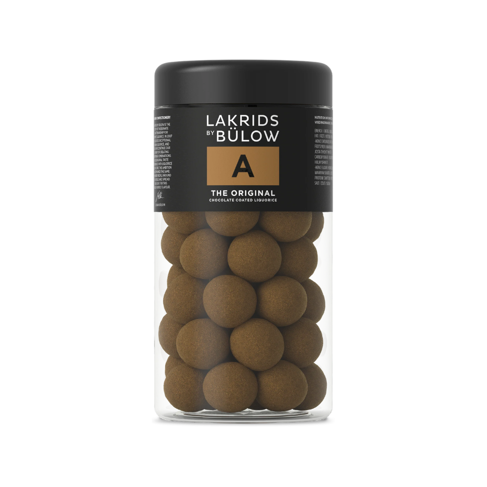 A_ The Original Chocolate‑Coated Liquorice (270g) Lakrids by Bülow A The Original jar front view