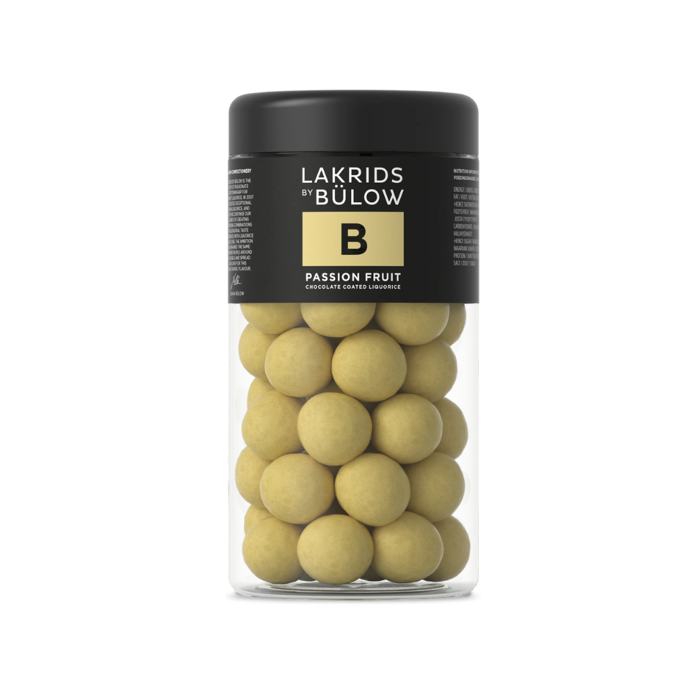B_ Passion Fruit Chocolate‑Coated Liquorice (270g) Lakrids by Bülow B Passion Fruit jar front view