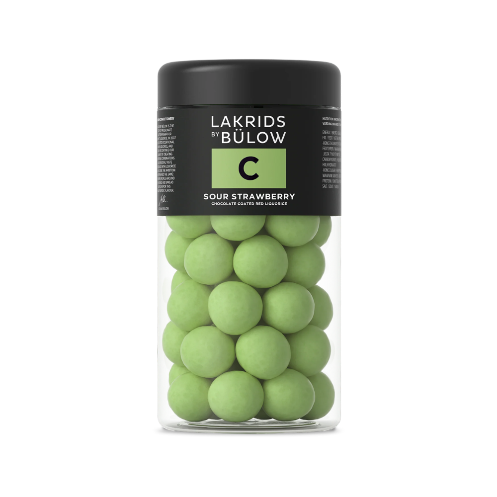 C - SOUR STRAWBERRY Chocolate Coated Liquorice (270g) Lakrids by Bülow C Sour Strawberry jar front view