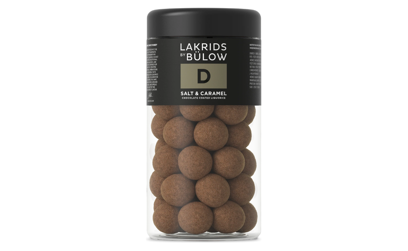 Lakrids by Bülow D Salt & Caramel jar front view