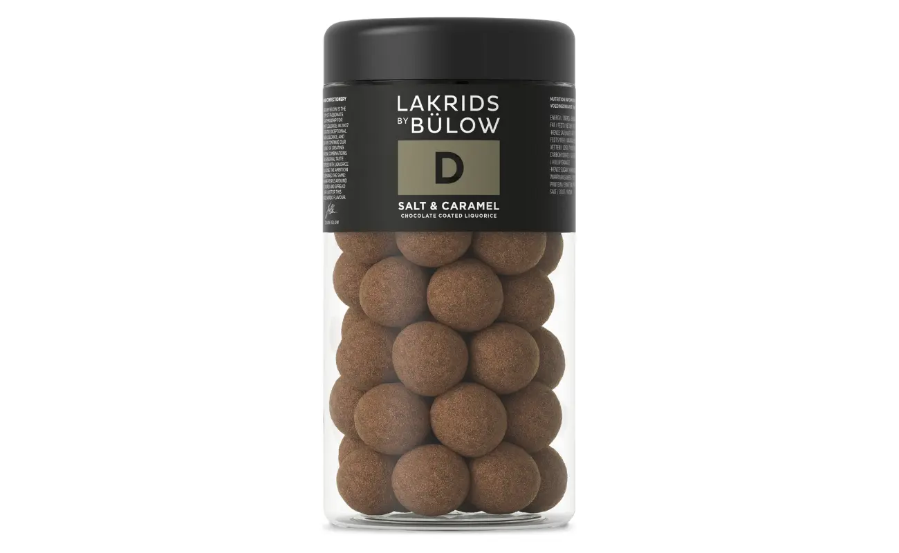 Lakrids by Bülow D Salt & Caramel jar front view