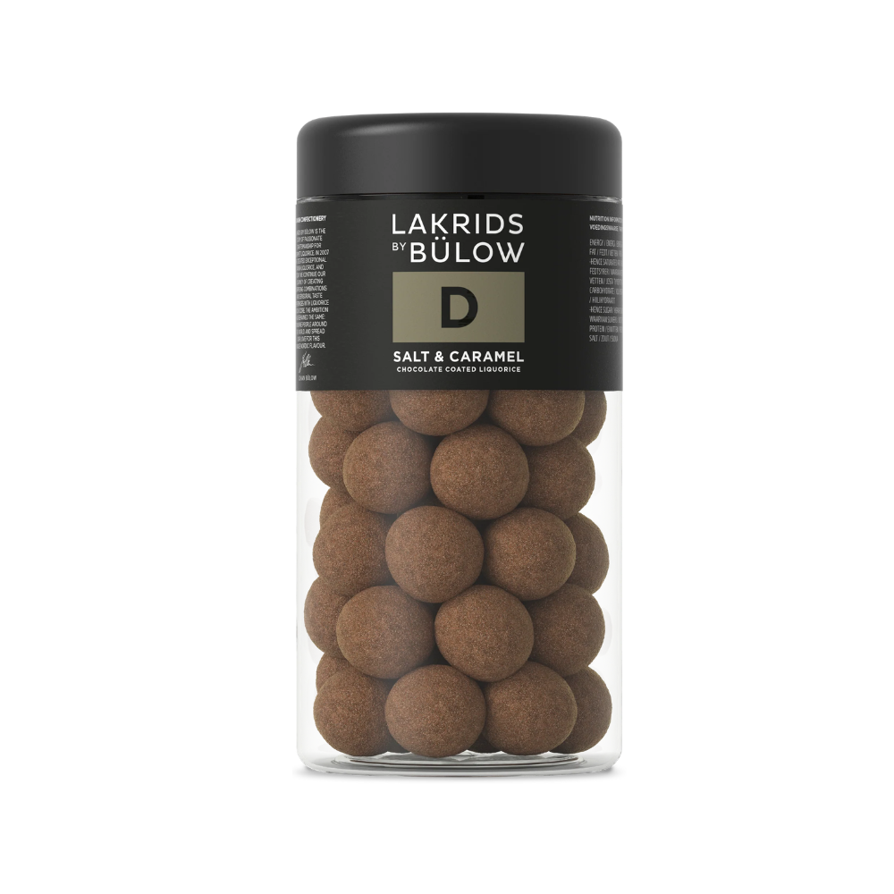 D_ Salt & Caramel Chocolate‑Coated Liquorice (270g) Lakrids by Bülow D Salt & Caramel jar front view