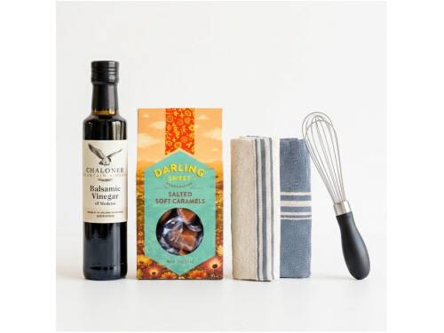 “Customisable kitchen gift set with towel duo and pantry items”