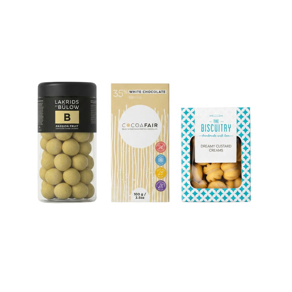 The Tropical Luxury Trio – Passion Fruit, White Chocolate & Biscuit Set Lakrids passion fruit chocolate coated liquorice