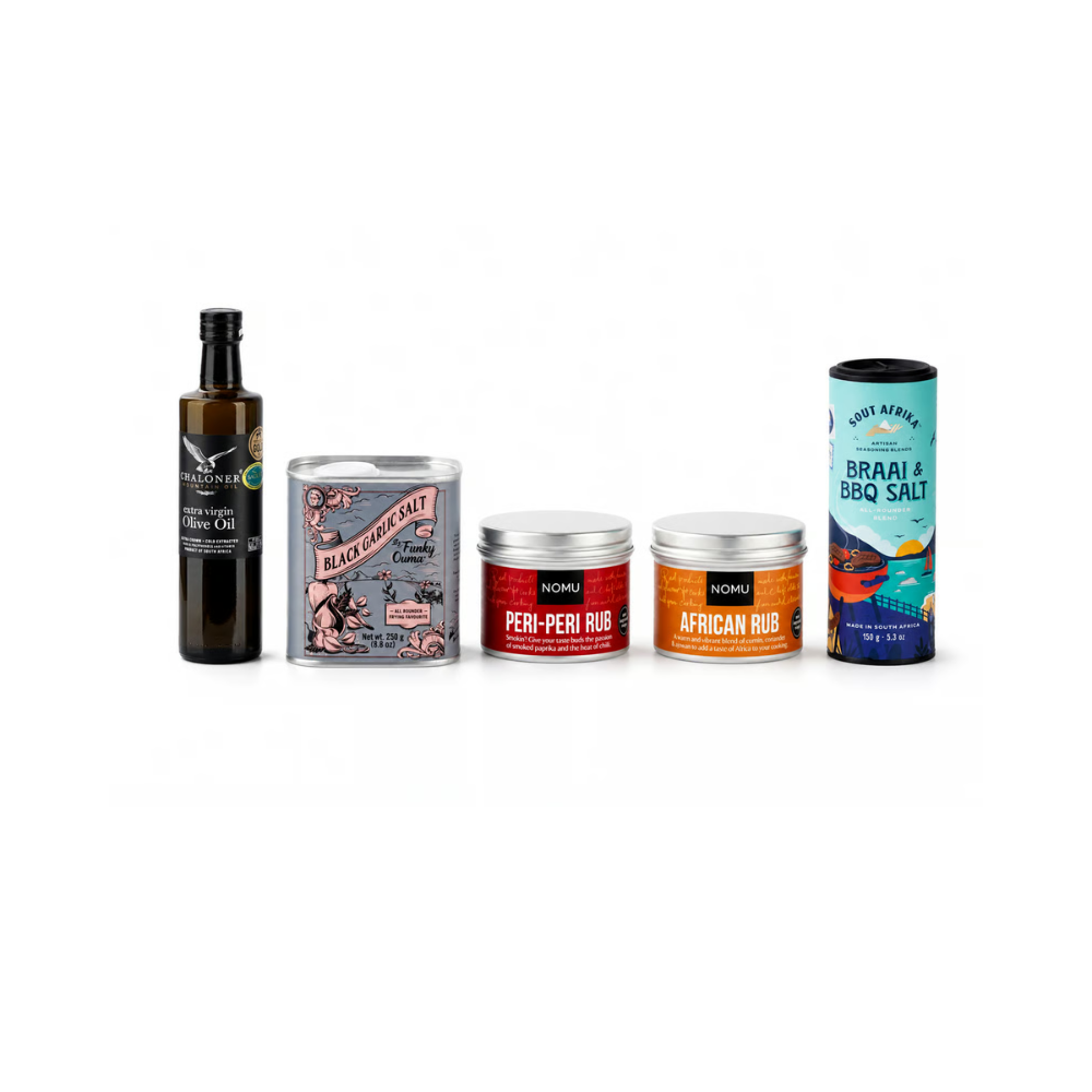 all‑season braai gift set; NOMU African Rub 65g; NOMU BBQ Rub 65g; Funky Ouma Black Garlic Salt Tin; Sout Afrika Braai & BBQ Salt 150g; Chaloner Extra Virgin Olive Oil;