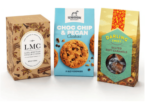 Chai & Caramel Indulgence Trio gift with LMC Spicy Chai, salted caramel toffee, Terbodore Choc Chip Pecan Cookies, and ribbon packaging.
