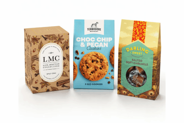 Chai & Caramel Indulgence Trio gift with LMC Spicy Chai, salted caramel toffee, Terbodore Choc Chip Pecan Cookies, and ribbon packaging.