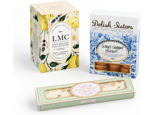 “LMC Lemon Chamomile Lavender Rooibos packaging” “Delish Sisters Gran’s Custard Biscuits pack” “Ooh La La Original Nougat bar”